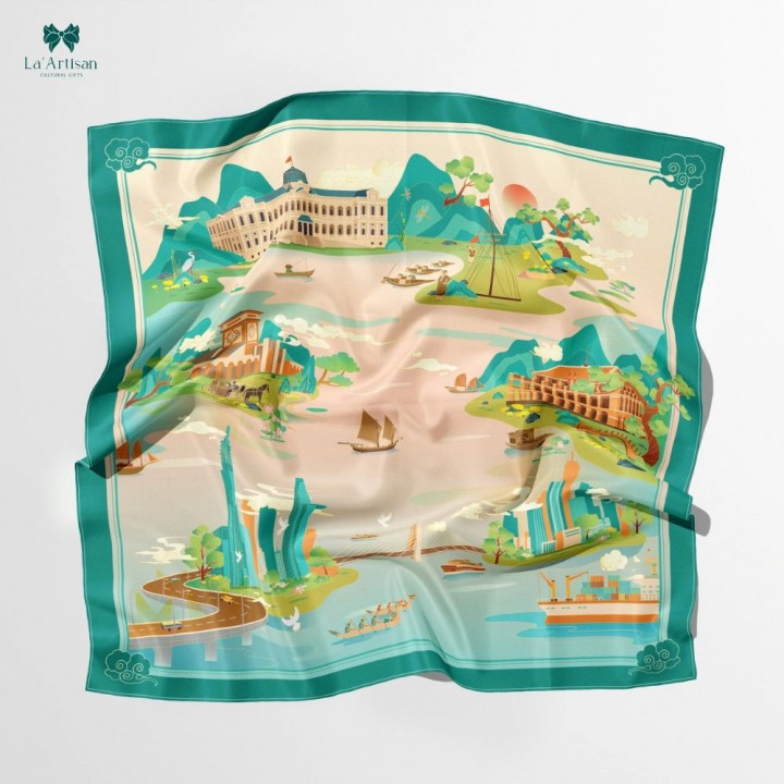 Khăn lụa vuông in hai mặt họa tiết Sông Sài Gòn 70x70cm